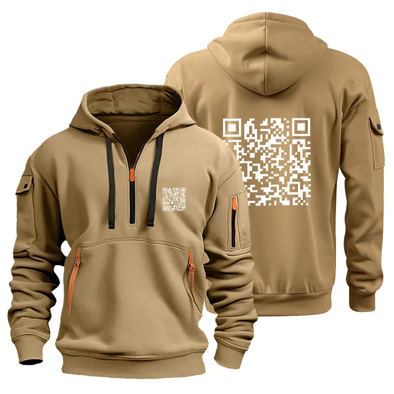 New Funny QR Code Hooded Fu You Half zipper Hooded Drawstring Pocket Sweatshirt Men/women Novelty Long Sleeve Pullover