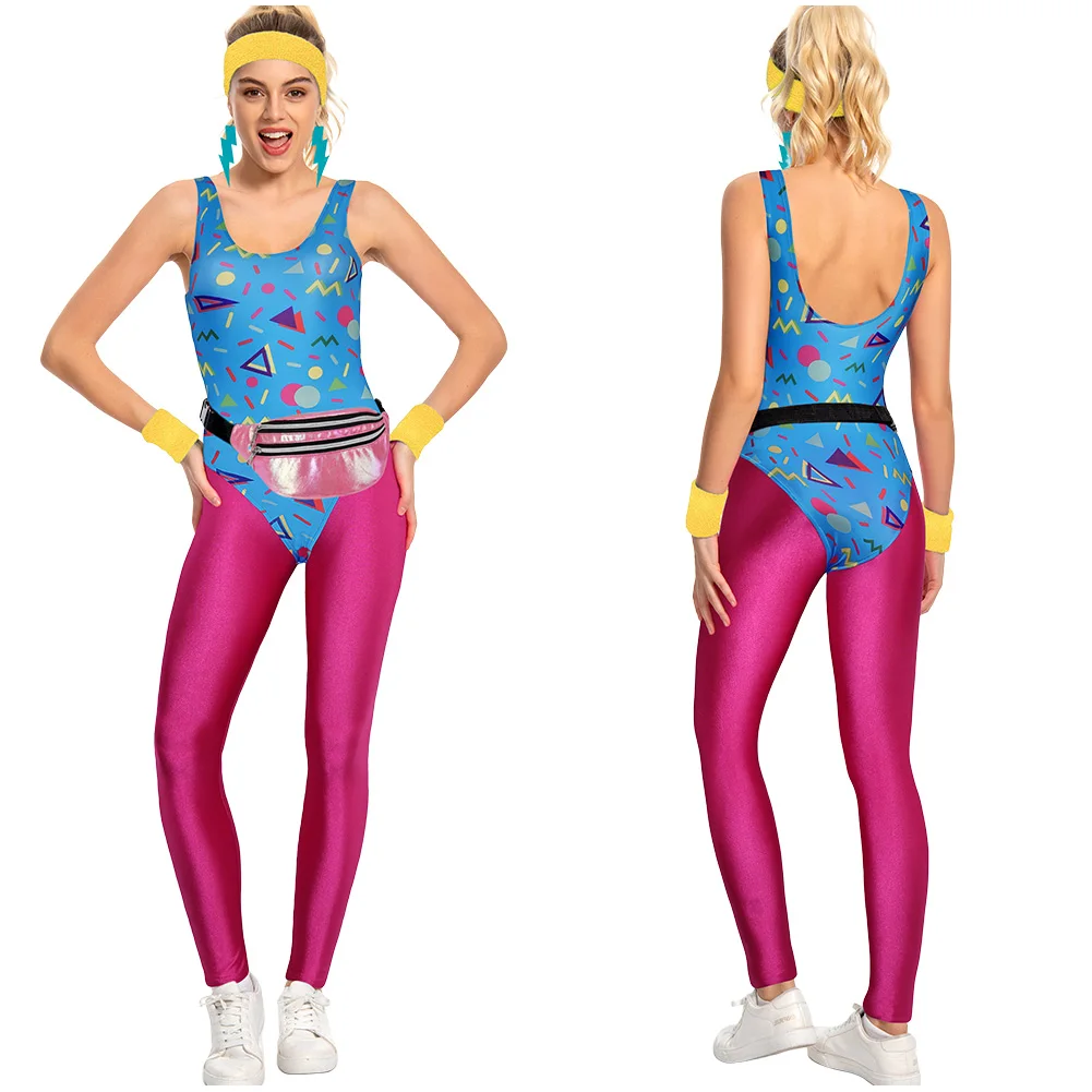 80s Retro Vintage Cosplay Women Pattern Jumpsuit Tracksuit Yoga Headband Leggings Fanny Pack Set Clothing Costume Halloween Suit