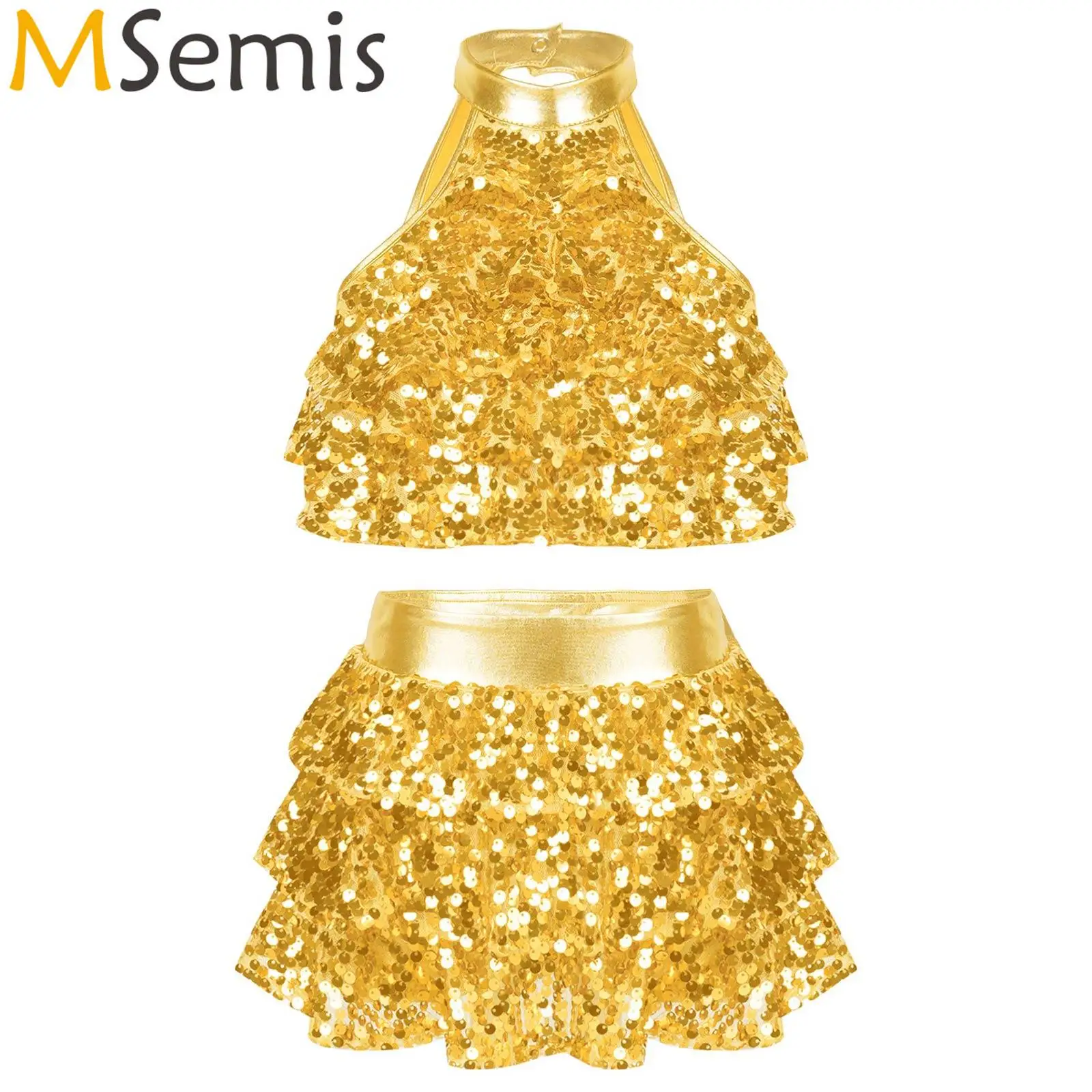 

Kids Girls Gymnastics Hip Hop Ballet Jazz Dance Costumes Sleeveless Round Collar Backless Shiny Sequins Tiered Crop Top Skirt