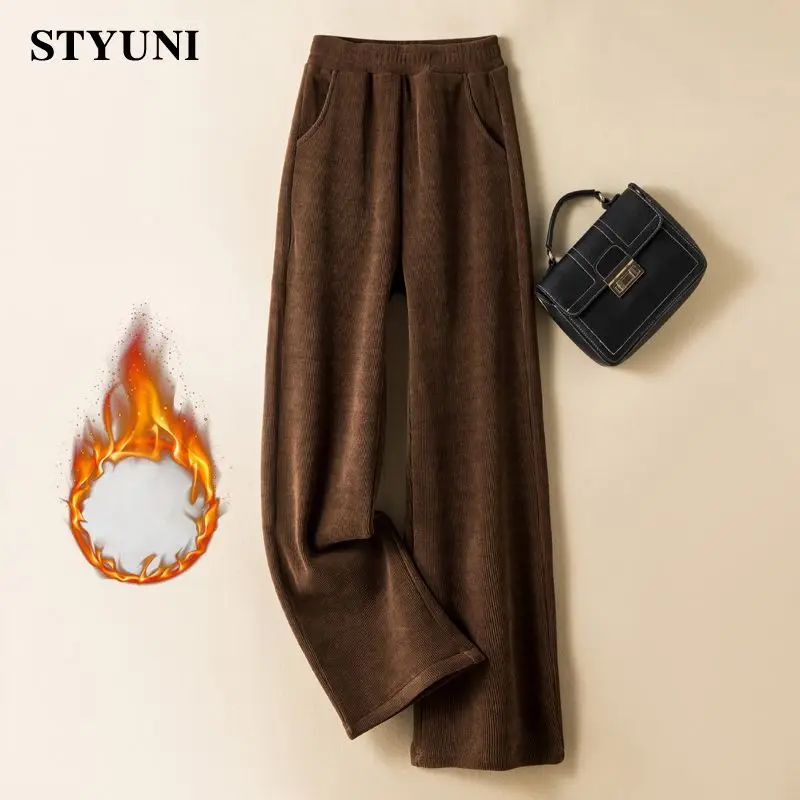 

Corduroy Solid Casual Fleece Thick Warm Winter Women's Pants Elastic High Waist Ankle-Length Wide leg Straight Pants For Women