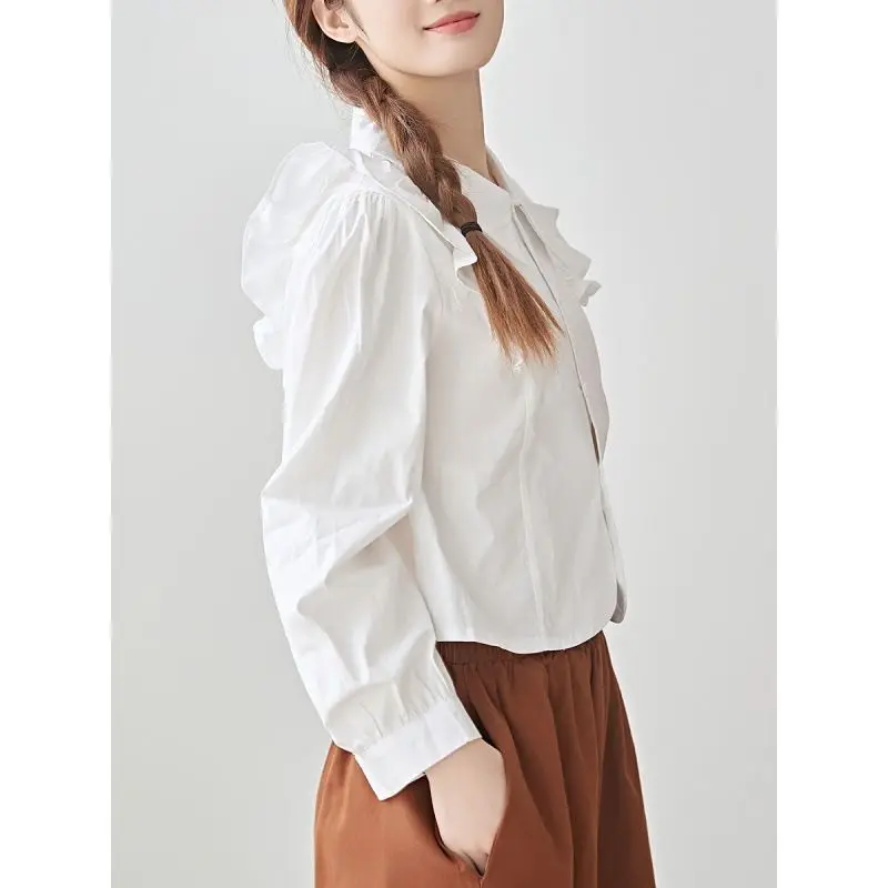 قميص قصير بحافة أوراق اللوتس، متعدد الاستخدامات لمزاج المرأة، مقاس نحيف وتنحيف، أكمام فقاعية، بلوزة حلوة #5