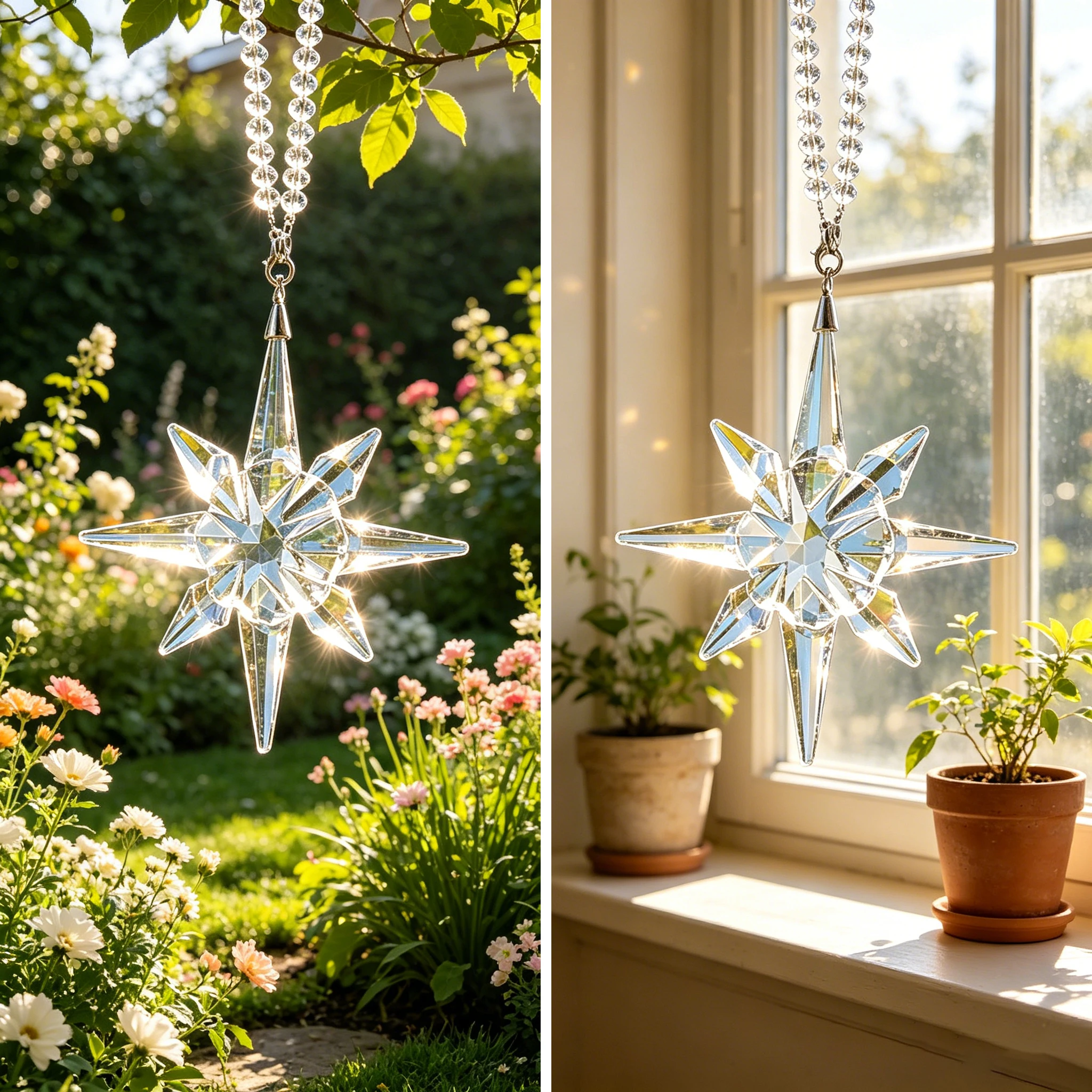 8 Point North Star Multi Facet Crystal Hanging Ornament Car Rearview Mirror Rainbow Prism Suncatcher Window Decor Pendant Gift