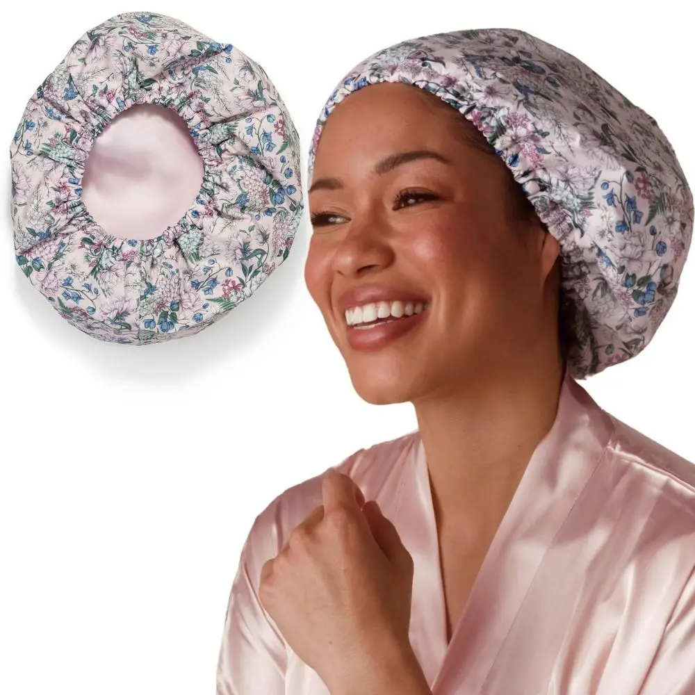 Three Layer Shower Cap Waterproof with Silk Lining Women Show Caps Elastic Band Large Shower Caps for Long Thick Hair Soft Bath