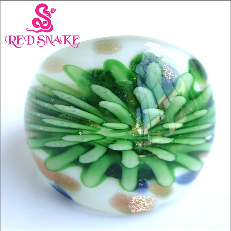 

RED SNAKE Fashion Ring Handmade Coral green flower Murano Glass Rings