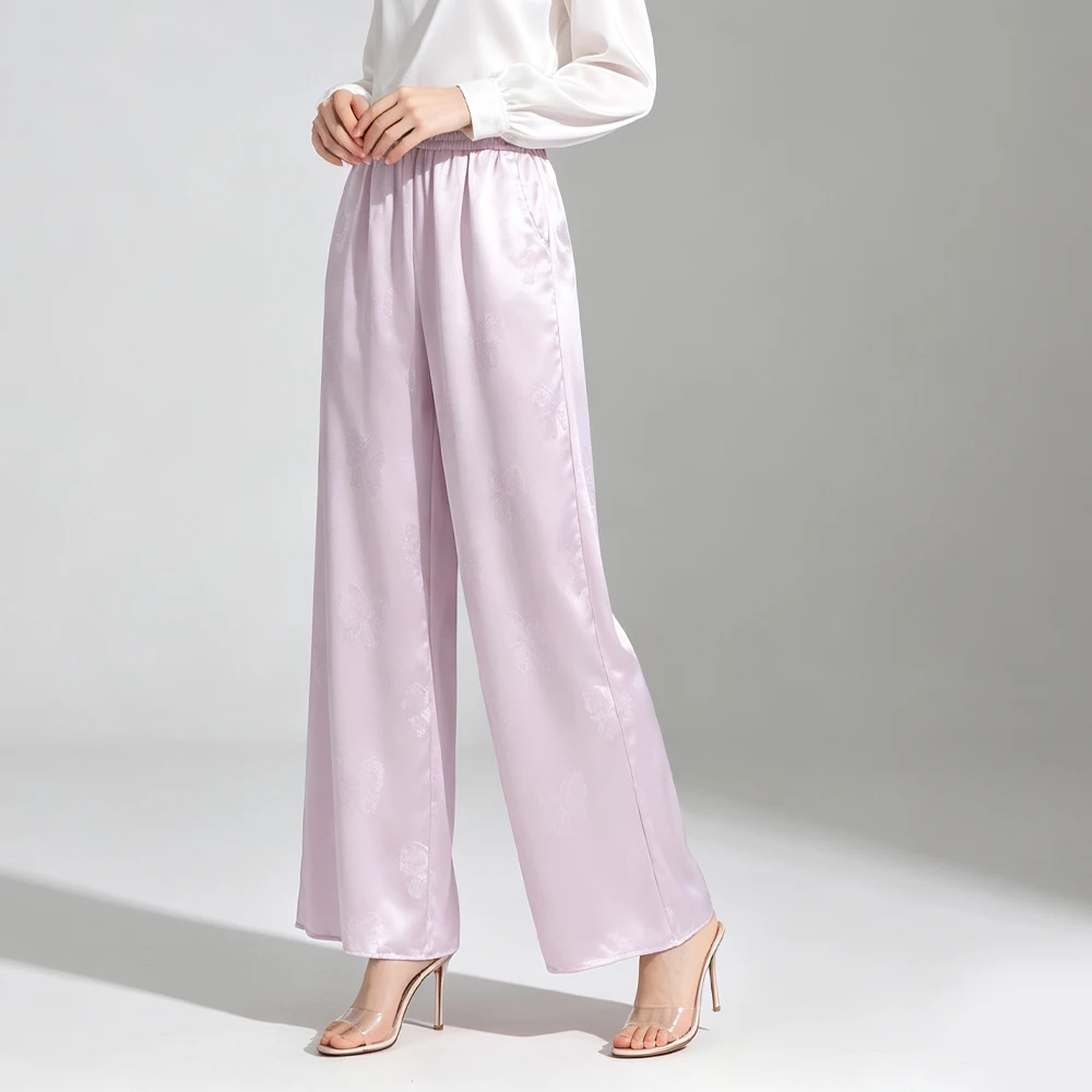 Woven Gold 100% Natural Mulberry Silk Satin (Excluding Gold Thread) Women's Elastic Waist Light Purple Jacquard Wide Leg Pants