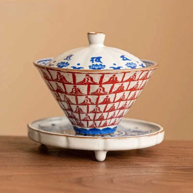 150ml High End Ru Kiln Porcelain Gaiwan Thousand Buddhas Cone Anti Scalding Tea Tureen Tea Maker Cover Bowl Teaware Collection