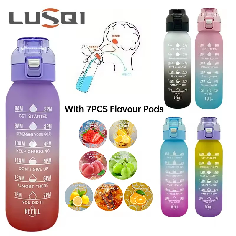 

LUSQI 1PC 1000ML Flavor Water Bottle With Straw With 7PCS Flavor Pods Fashion Fitness Water Bottle For Outdoor Activities Sports