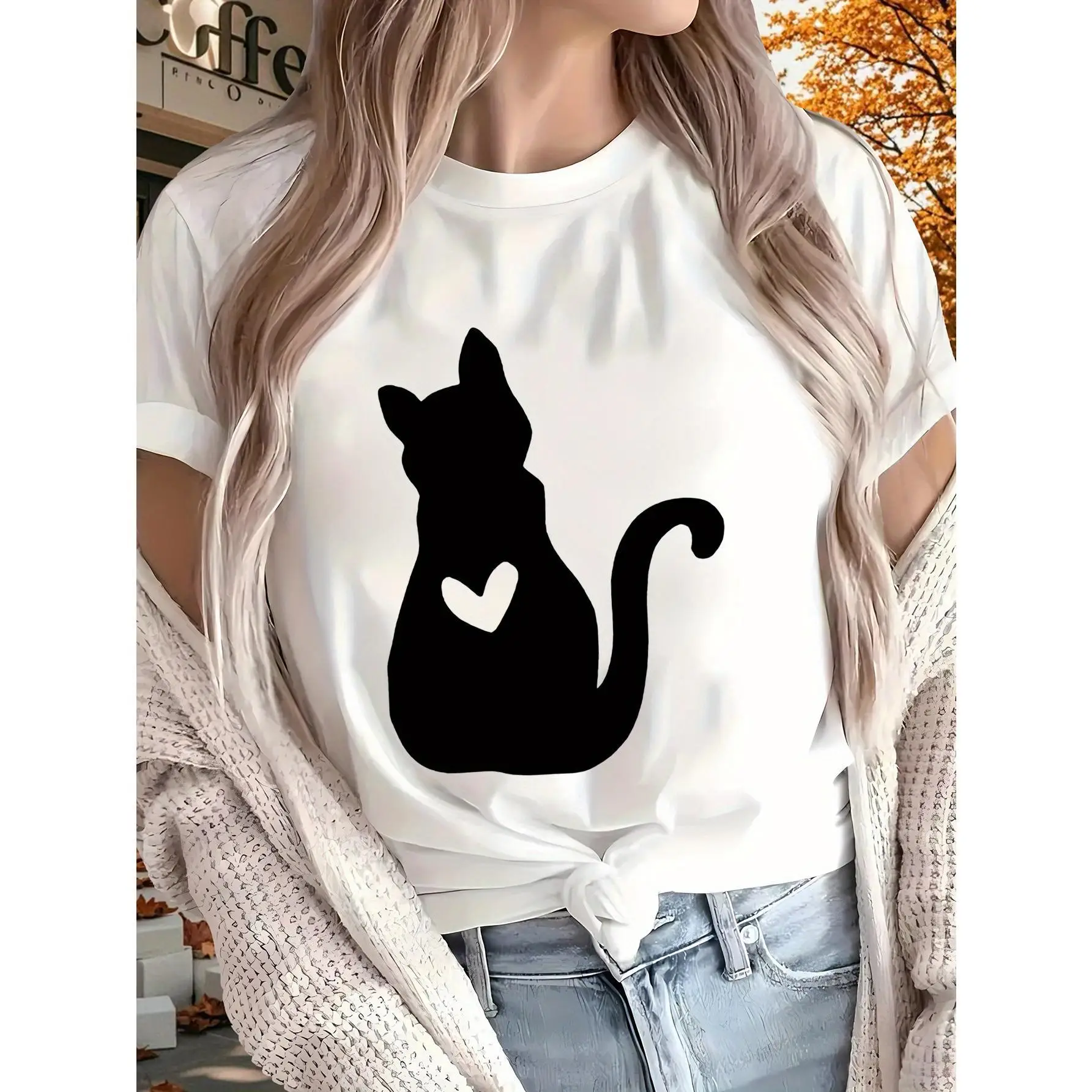 

Women's 100% Cotton Cat Print T-Shirt - Short Sleeve Round Neck Casual Top with White Cat & Heart Design, 180gsm All-Season Comf
