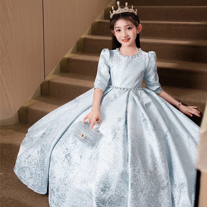 فستان فتاة الزهور المتواضع المخصص من It's Yiiya مزود بخرز أزرق ورقبة دائرية 3/4 أكمام وسحاب خلفي وطيات على شكل حرف a بطول الأرض فستان أطفال T110 #2