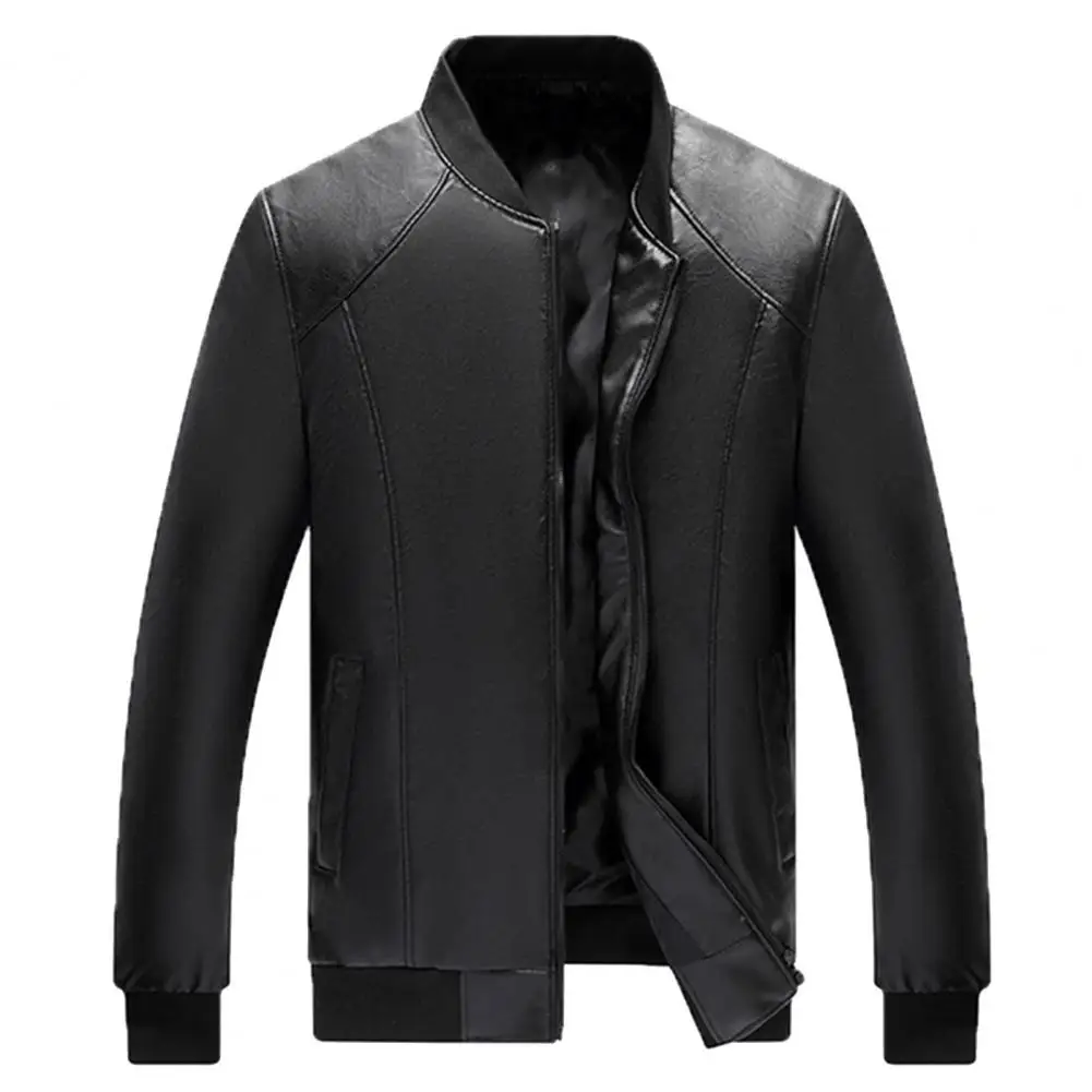 Soft Warm Men Jacket Regular Fit Men Jacket Stylish Men\'s Faux Leather Jacket Warm Stand Collar Zipper Pockets for Autumn