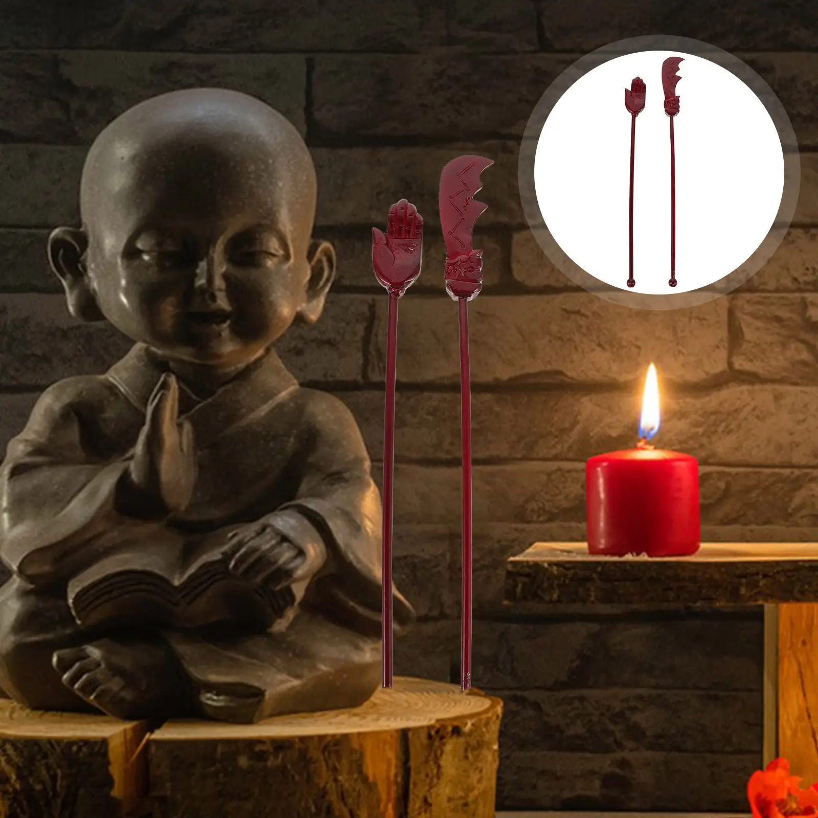 2Pcs Meticulously Carved Wooden Buddhist Ritual Supplies Including Offering Table Hair Forks for Temples Altars Serene Ambiance