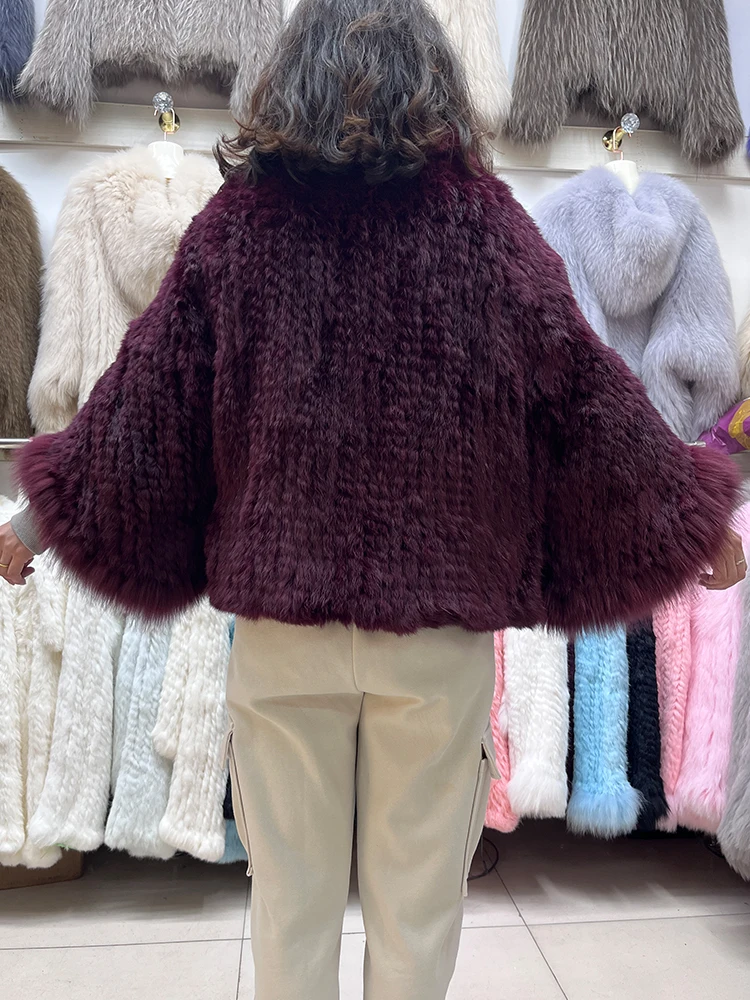 Chaqueta de piel de conejo 2024 Natural para mujer, abrigo tejido con cuello de piel de zorro Real, ropa de lujo