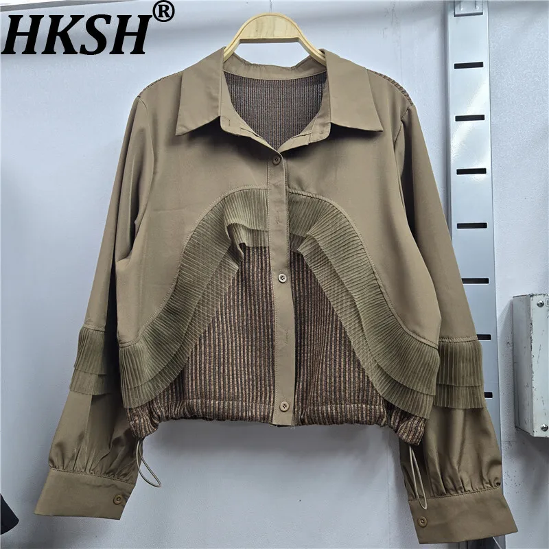 

HKSH Spring Autumn New Women Shirt Patchwork Ruffled Contrast Color Single Breaste Long Sleeves Versatile Elegant Blouse HK16498