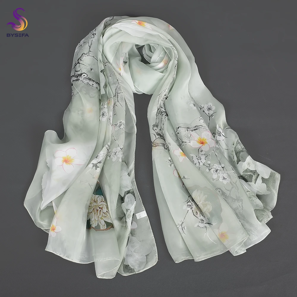 [BYSIFA] Grey 100% Silk Scarf Shawl Fashion Daisy Design Long Scarves Women Summer Utralong Beach Shawl Winter Scarves180*110cm