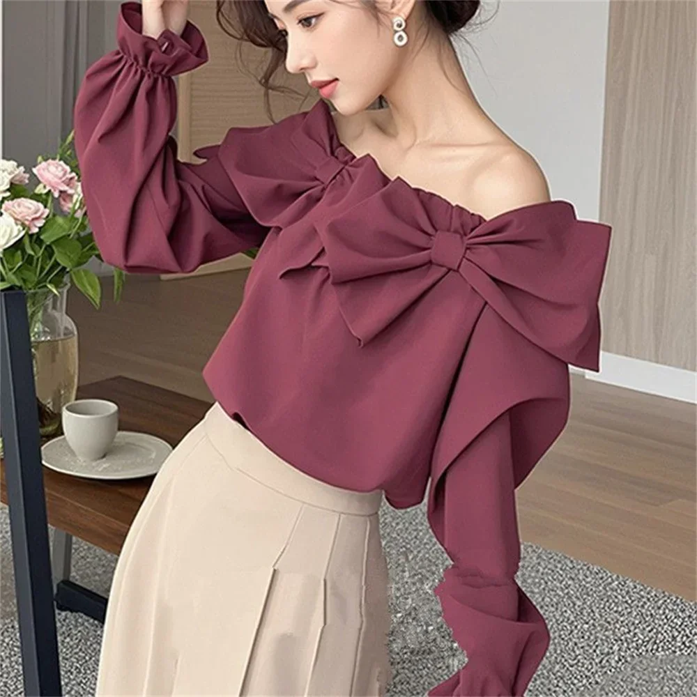 

2024 весна осень новая блузка женская рубашка элегантная корейская модная одежда милый бант с разрезом на шее с открытыми плечами Blusas одежда топы