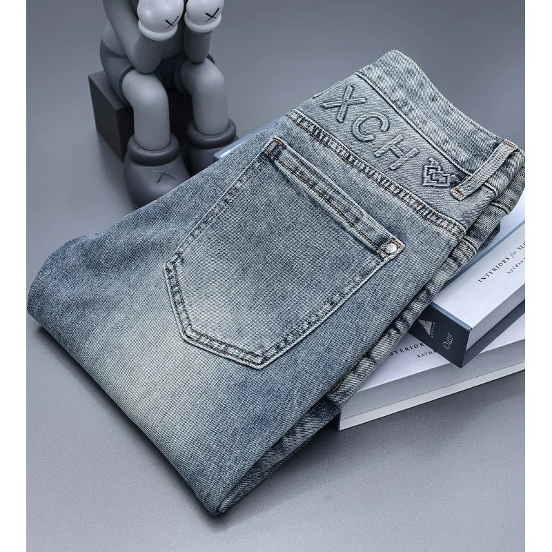 2024neue Retro gewaschene Jeans Herren Sommer dünne Mode gedruckt schmal geschnittene kleine gerade lässige lange Hose