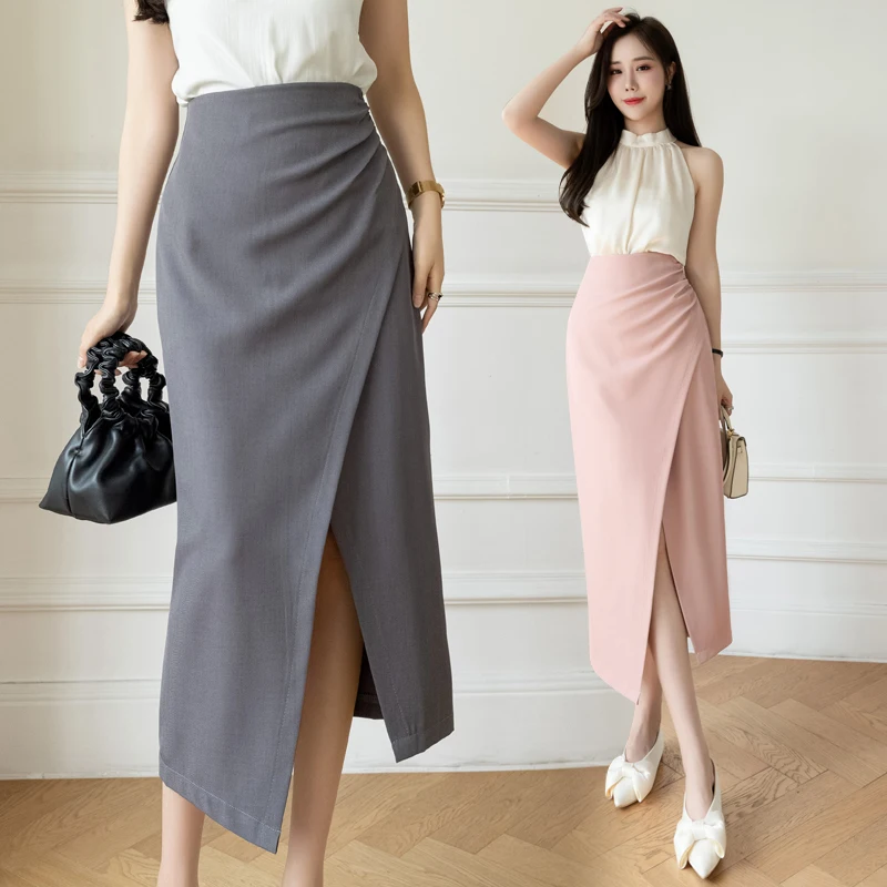 Korean Style Summer Long Skirt Slim Pink Skirt High Waist Split Women's Skirt Solid A-line Sexy Skirts OL Vintage Women Clothing - Image 5