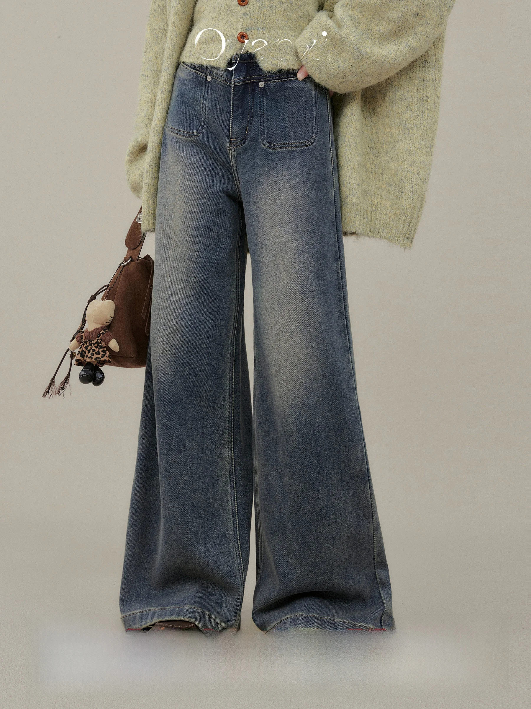 Retro Fce Lined Blue Jeans High Waist Wide Leg Pants Women's Loose Fit Autumn Winter Faion by Ou Yang Xi Indigo adow F...