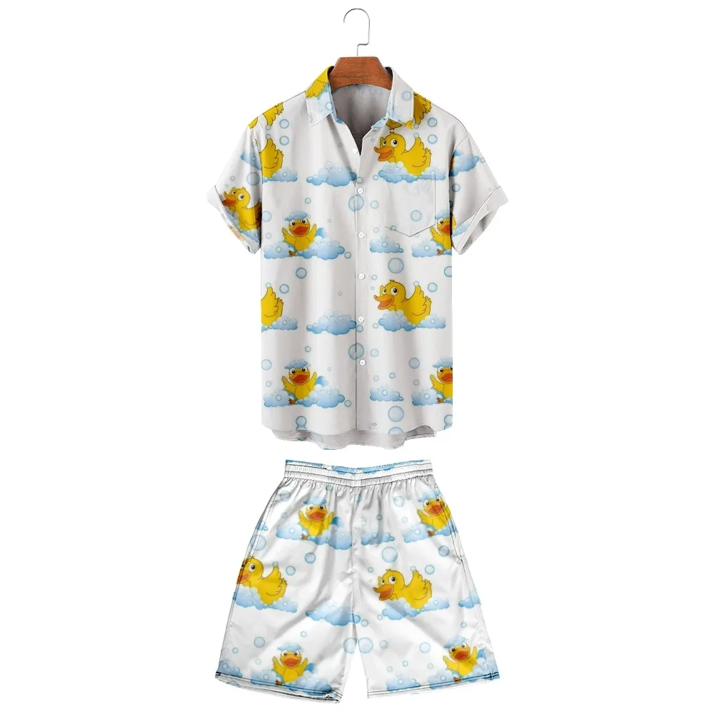 

2022 new men's casual breathable Lapel shirt + Beach Shorts Set can customize fashion duckling