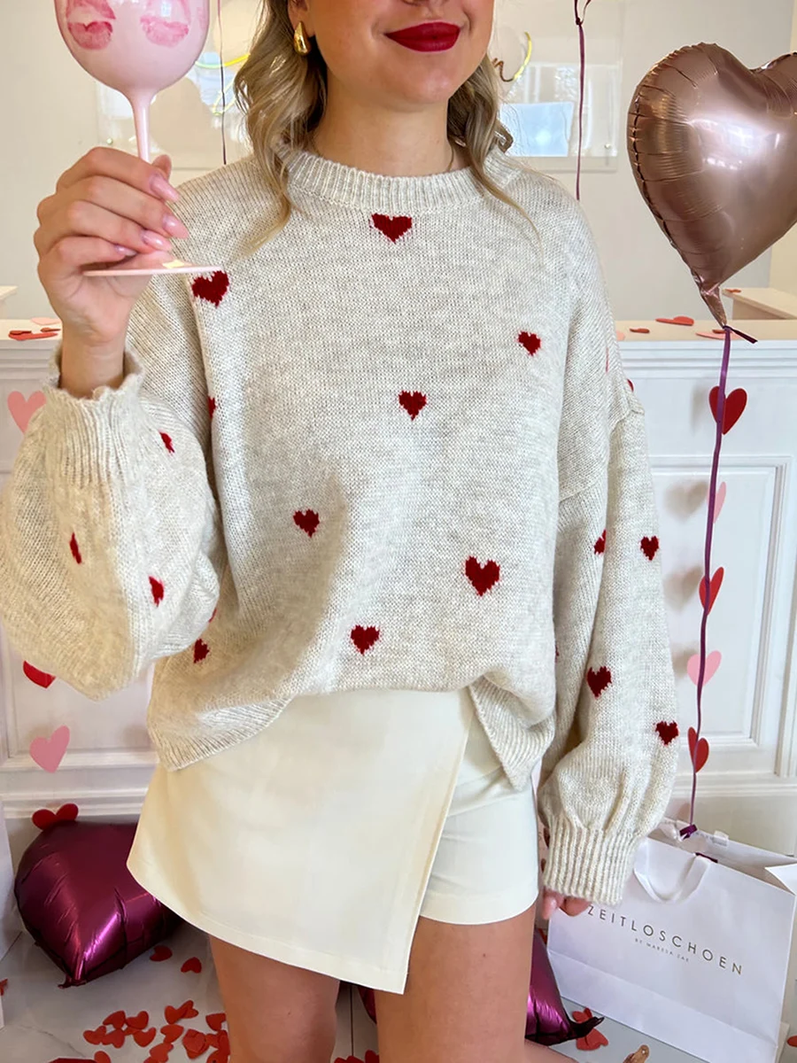 

New Women Cute Comfy Sweaters Casual Heart Print Warm Long Sleeve Pullover Basic Knitwear For Fall Streetwear Hot Sale S-XL