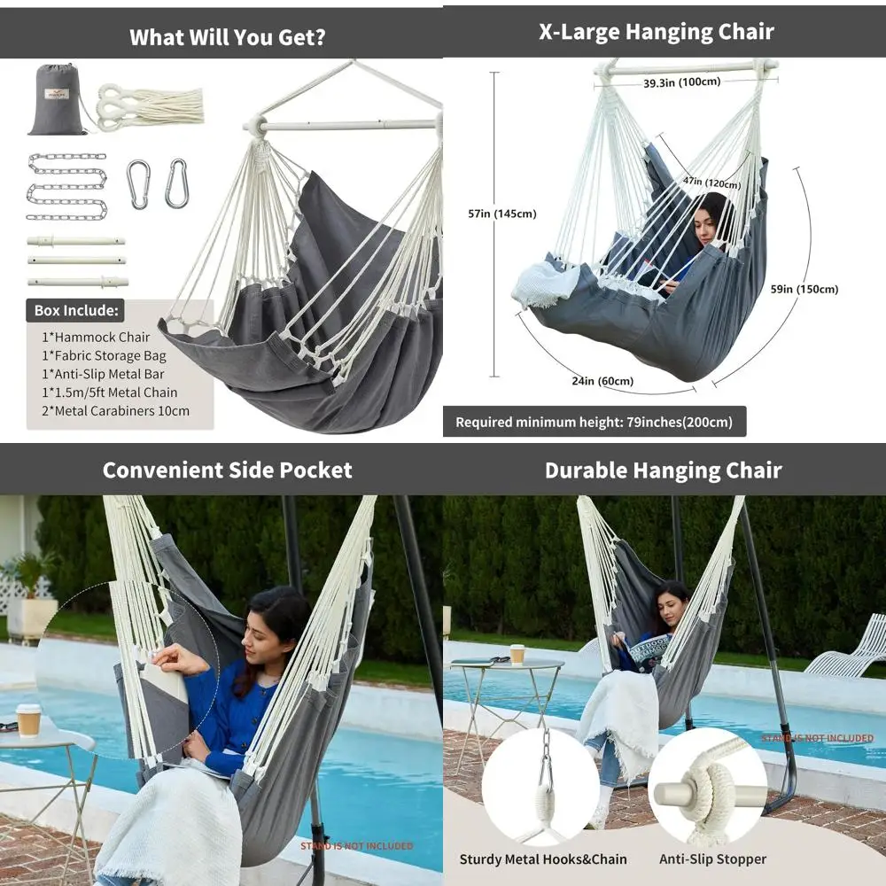 

500 lbs Capacity Outdoor Indoor Swing Chair with Portable Steel Stand and Hanging Kit - Grey