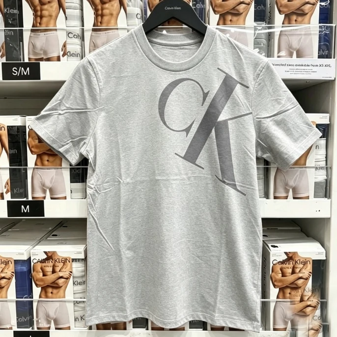 2026 new White crew neck short sleeve tee, large simple grey letter print, simple basic casual style, unisex loose fit