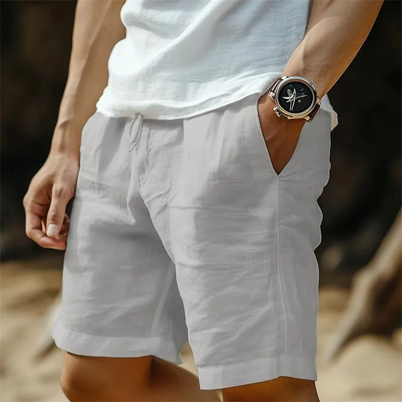 

Men's Linen Blend Casual Shorts Solid Color Drawstring Elastic Waist Straight Leg Breathable Beach Shorts