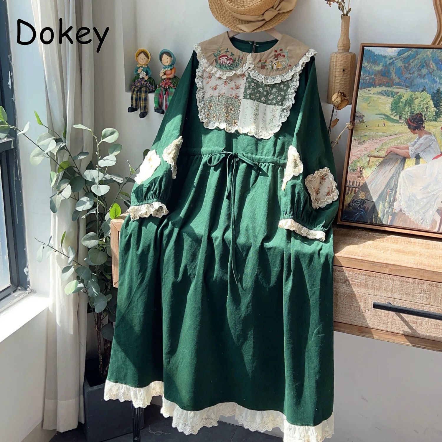 

Korean Doll Collar Corduroy Lolita Dress Women Vintage Embroidery Puff Sleeve Kawaii Dress Elegant Loose Lace-up Patchwork Dress