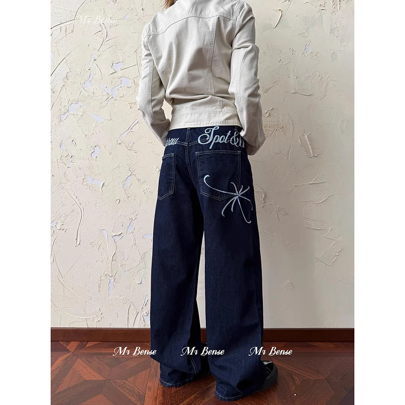 ZHIZOU المرأة الأزرق القوطية فضفاض Y2k الجينز كبيرة الحجم جان السراويل خمر 90s Harajuku التطريز سراويل جينز الملابس البديلة