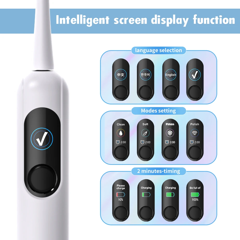 X800-U Electric Toothbrush USB Charging Teeth Whitening Intelligent Travel Electric Sonic Toothbrush with LCD Display Screen