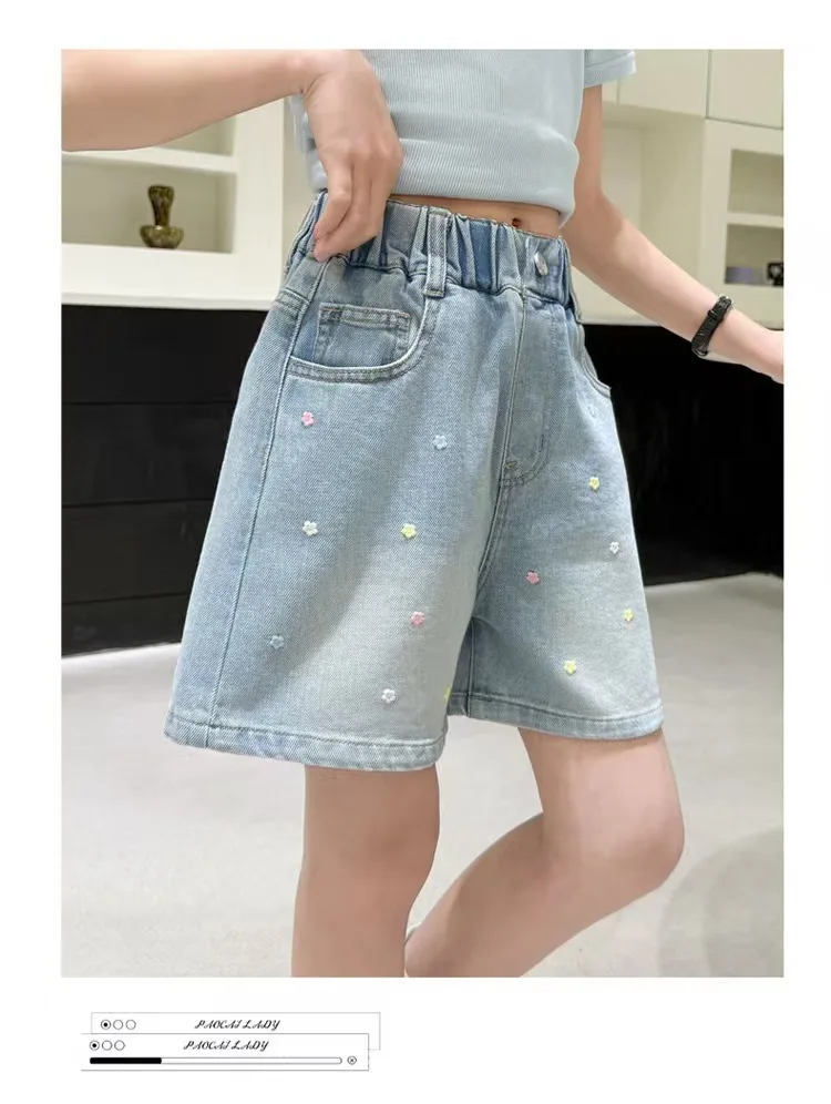 2026 Sommer Kinder-Jeansshorts für 120-170cm große Mädchen, bestickt, elastischer Bund, lässige knielange Teenager-Shorts – Detail 14