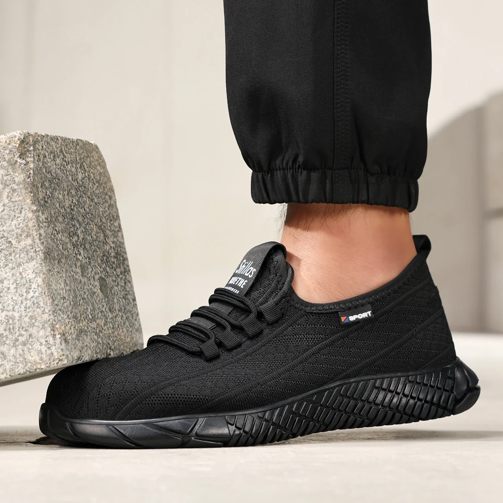Schwarze Arbeitssicherheitsschuhe, Arbeits-Sneaker mit Stahlkappe, pannensichere, unzerstörbare Schuhe, Schutzstiefel, Sicherheitsschuhe, rutschfest