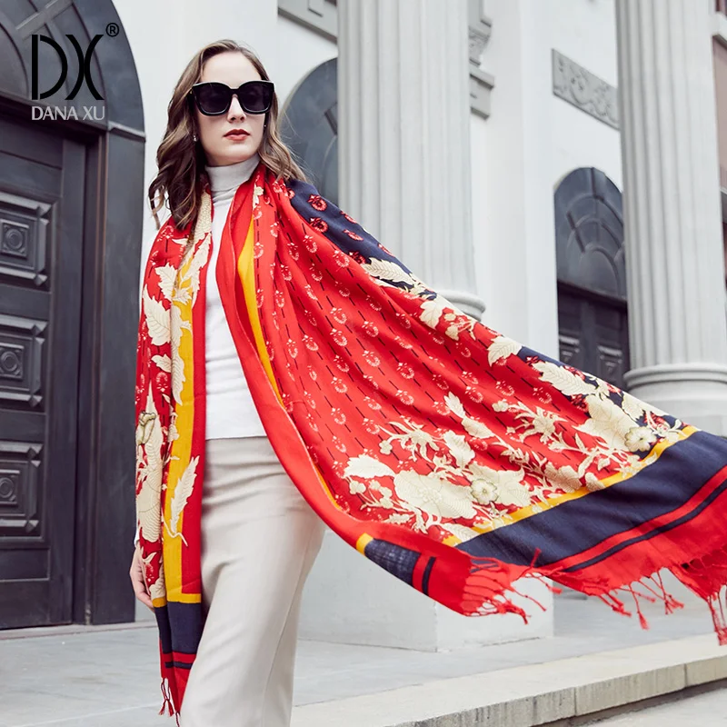 DANA XU 100% Wool Large Designer Shawl Scarf for Women Red Floral Bird Print Winter Warm Pashmina Wrap with Tassels Gift for Her