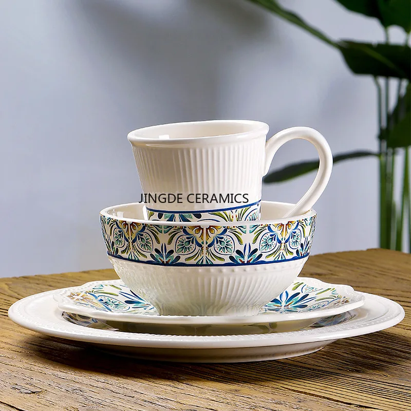 1pc Ceramic Restaurant Tableware Home Relief Western Style Pasta Dish Circular Flat Plate Mug Sealed Jar Coffee Cup Noodle Bowl