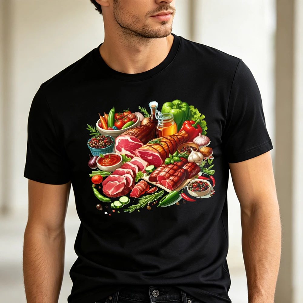 Realistic Meat Vegetables Platter Men T Shirt Gourmet Food Grocery Graphic Tee Black Summer Short Sleeve Casual Top
