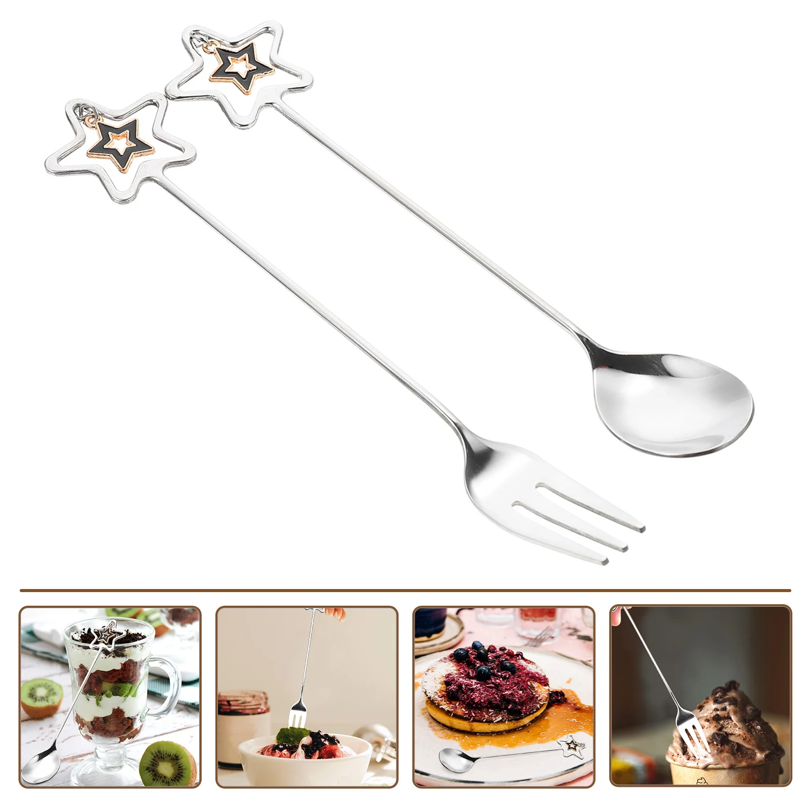 

1 Set Of Star Spoon Fork Stainless Steel Dessert Utensils For Ice Cream Coffee Cake Party Tableware Portable Fruit Eating Tools