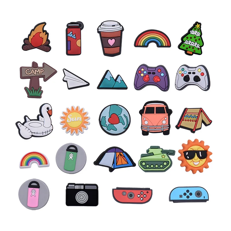 1/29Pcs Outdoor Camping Game Rubber PVC Shoe Charms Mountain Camper Van Game Controller Decor For Slides Sandals DIY Accessories