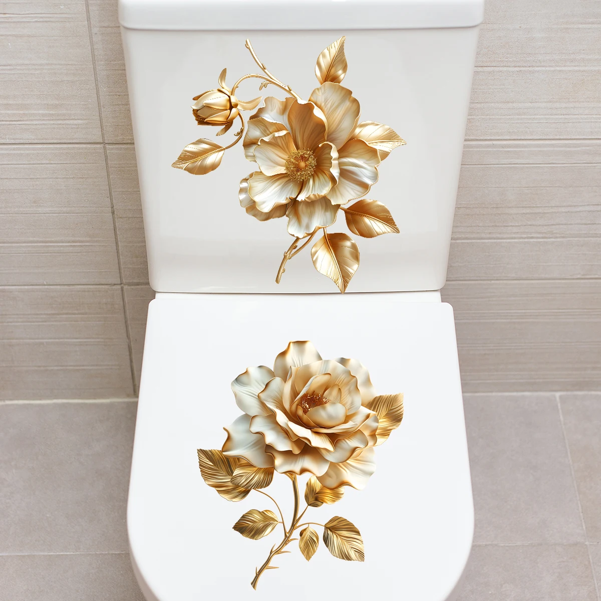 2 Stück elegante goldene Blume Badezimmer Toilette Aufkleber, wasserdichter Wandaufkleber für Zuhause