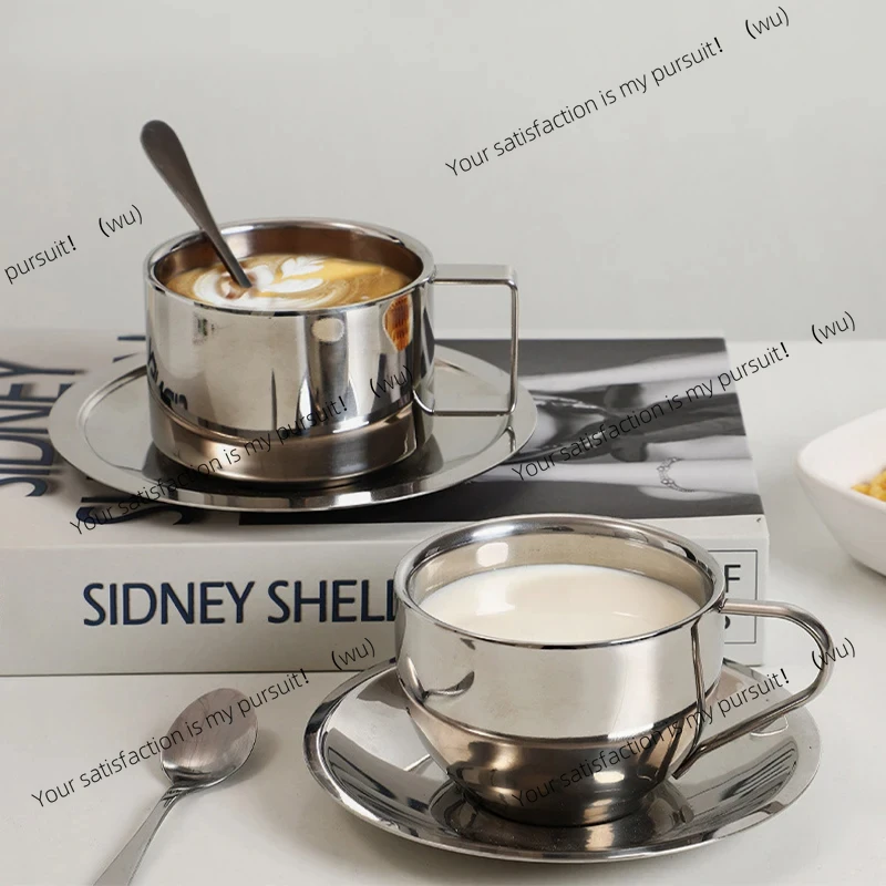 Elegant coffee cup with spoon and saucer 304 stainless steel, milk cup Afternoon tea Camping cafeteria