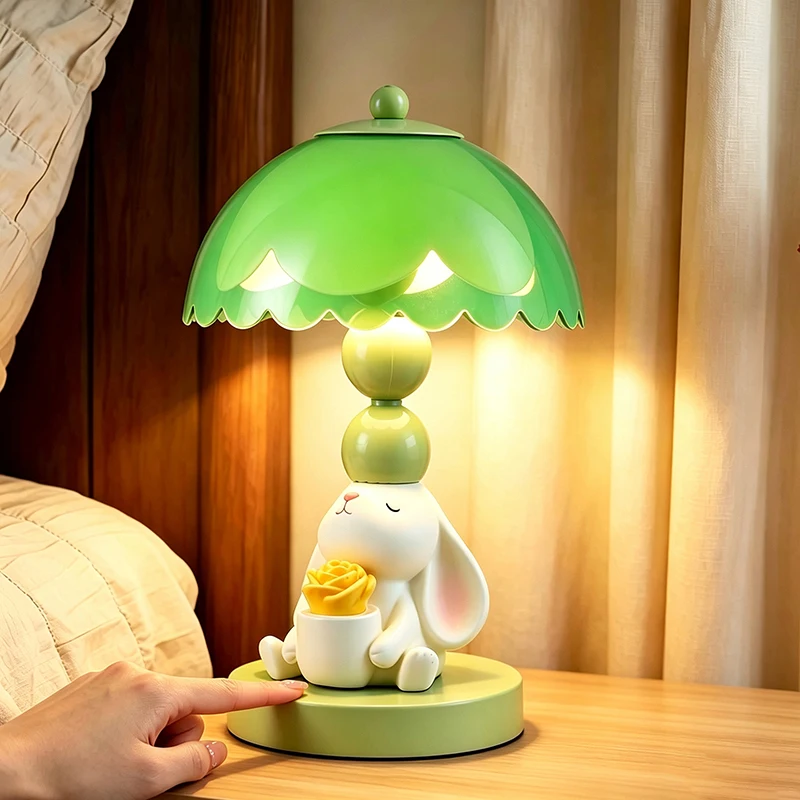 Cute Lop Rabbit Rose Table Lamp Green Scalloped Lampshade Warm Night Light Bedroom Desktop Sweet Ambient Decor Lighting Ornament