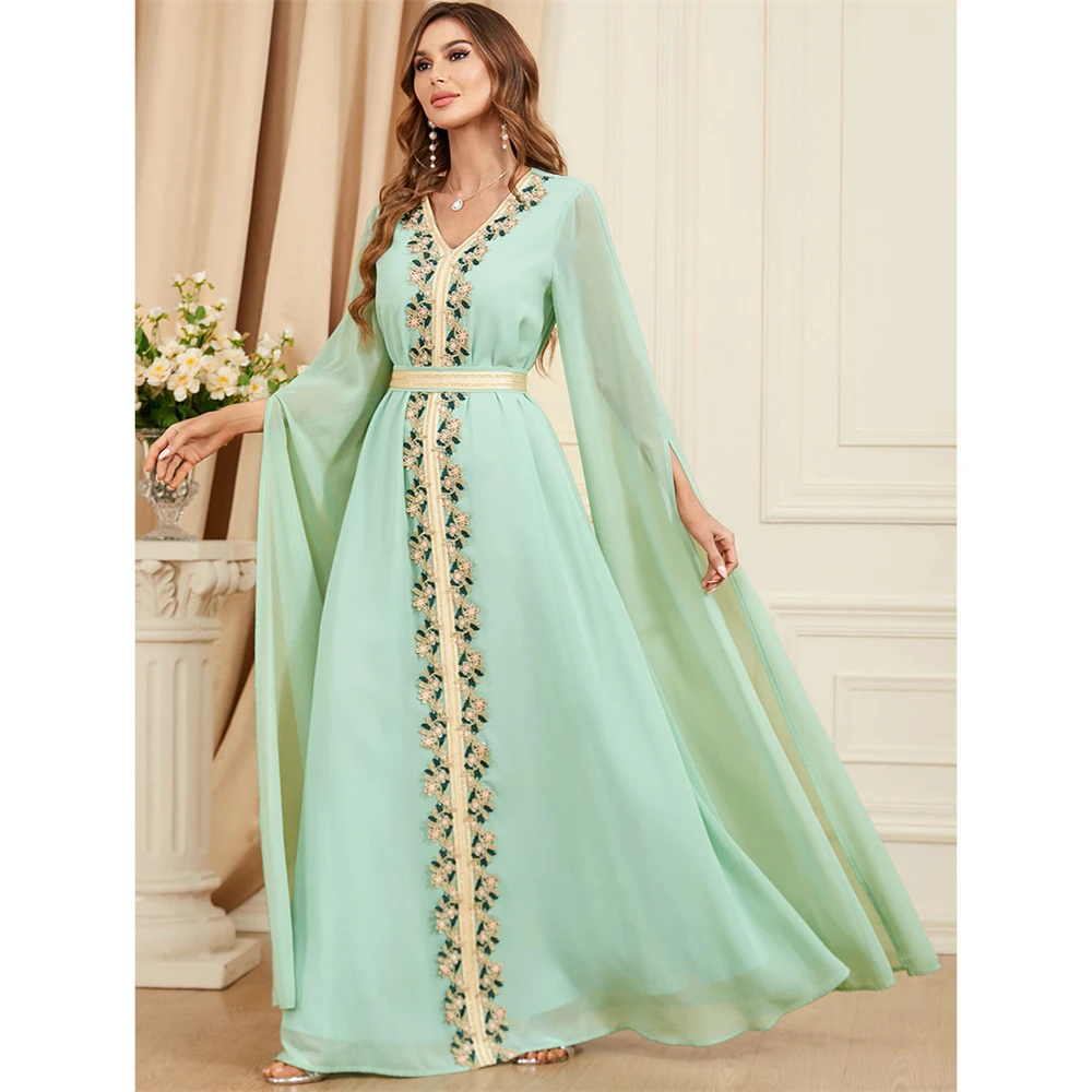 

Morocco Eid Party Dress for Women Muslim Long Cape Sleeve Evening Gown Dubai Turkey Abaya Kaftan Ramadan Tape Trim Jalabiya Robe