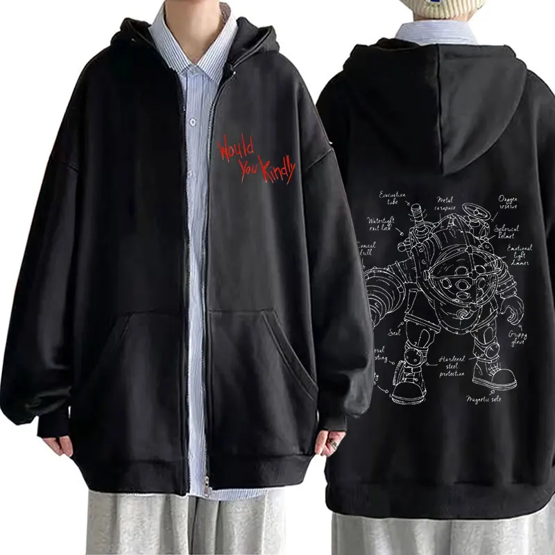 

Classic Shooting Game Bioshock Vintage Graphic Zipper Hoodie Men Women Hip Hop Oversized Zip Up Coat Men's Gothic Rock Hoodies