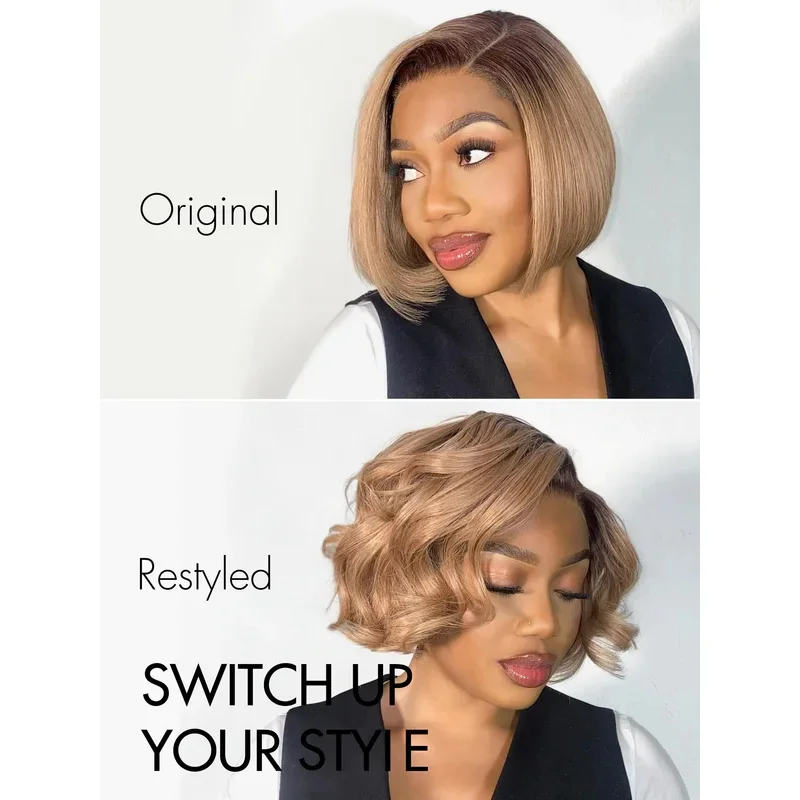 Put On & Go Blunt Cut Ash Blonde Gradient Straight Short Wig Minimalist Glueless HD Lace Closure Human Hair Wig Boss Side Parted