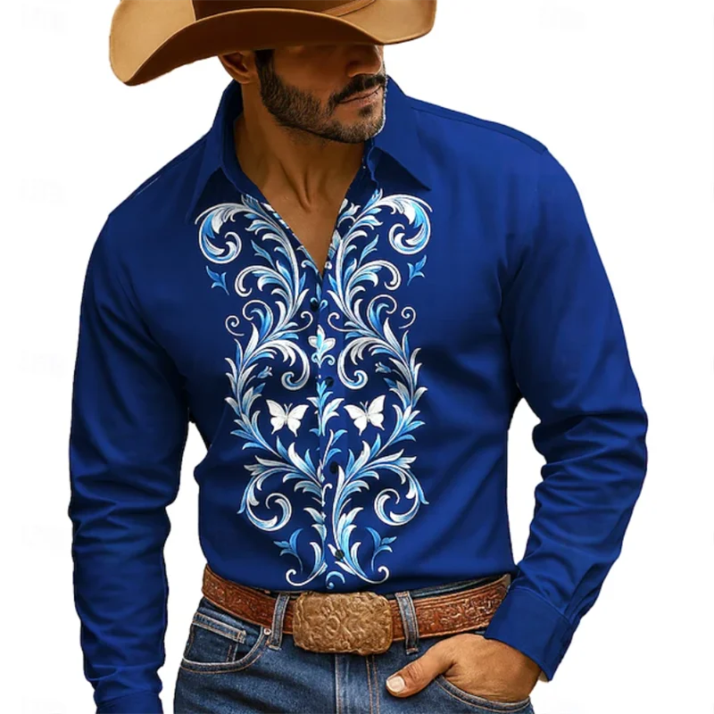 

Vintage 3D Leaf Print Pattern Long Sleeve Shirt Men's Long Sleeve Button Collar Casual Shirt Fashionable Men's Shirt