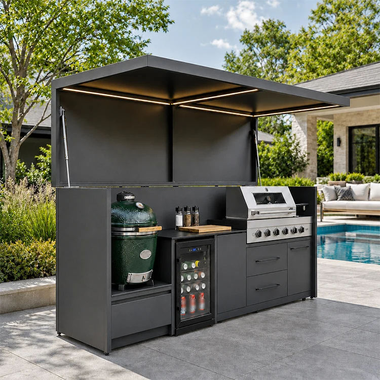 Durable Weatherproof Outdoor Kitchen Island With Motorized Lift Up Roof And Stainless Steel 304 Built In Grill