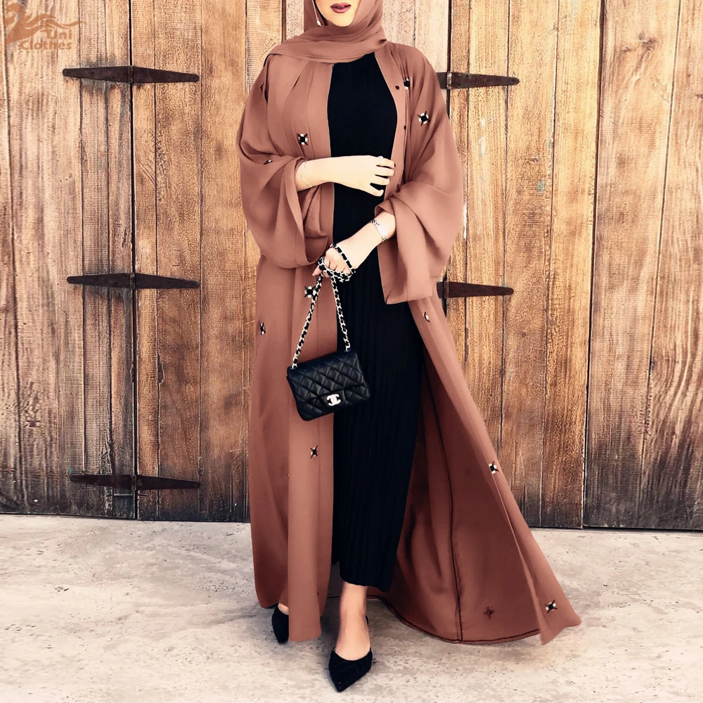 Solid Hijab Beading Belted Open Kimono Abaya Jalabiyat Moroccan Saudi Women Clothing Turkish African Robe With Scarf