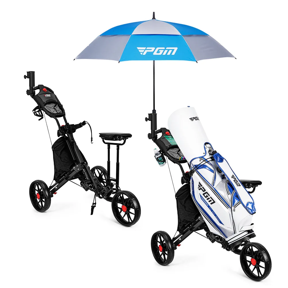 Golf Three-wheel Ball Bag Trolley with Brake Foldable Ice Pack Umbrella Holder Water Cup Holder with Seat