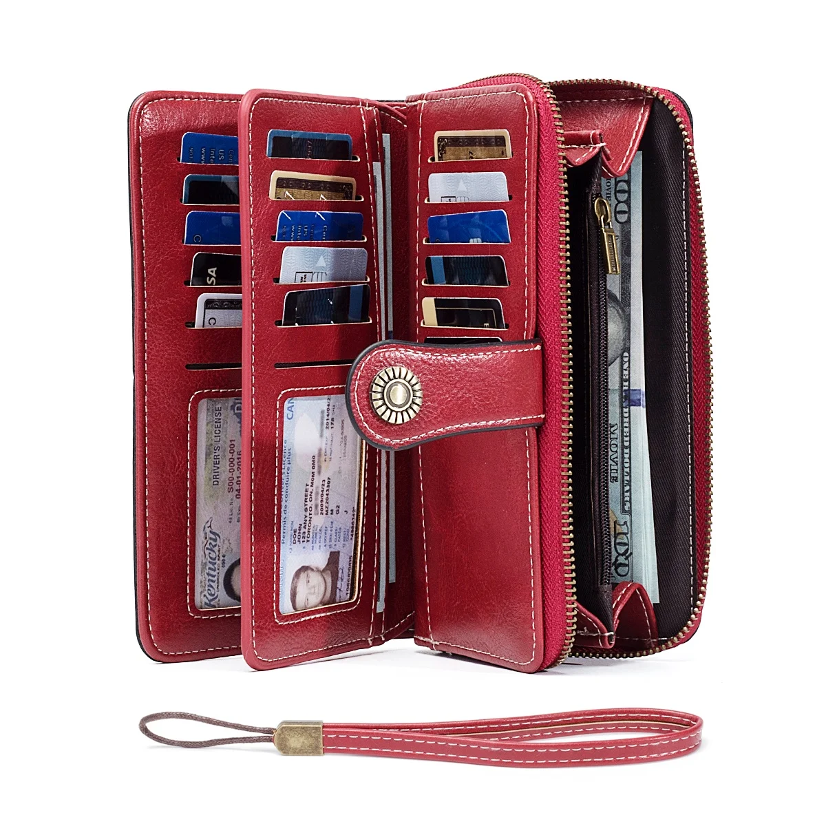 RFID anti-theft brush men's and women's wallet, European and American retro leather long wallet clutch, oil wax leather cut out multi-card slot wallet, large capacity zipper 70% off clutch, card holder coin bag coin purse hand bag