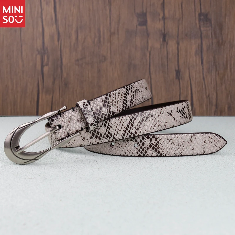 حزام Miniso Buckle Snake Print، حزام خصر من الجلد الطبيعي للنساء والرجال، أنيق وبسيط