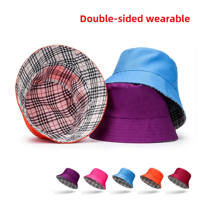 

2025 Double-sided Wearable Sunshade Fisherman Hat Sun Protection Hat Outdoor Casual Checkered Bucket Hats for Women Purple Hat